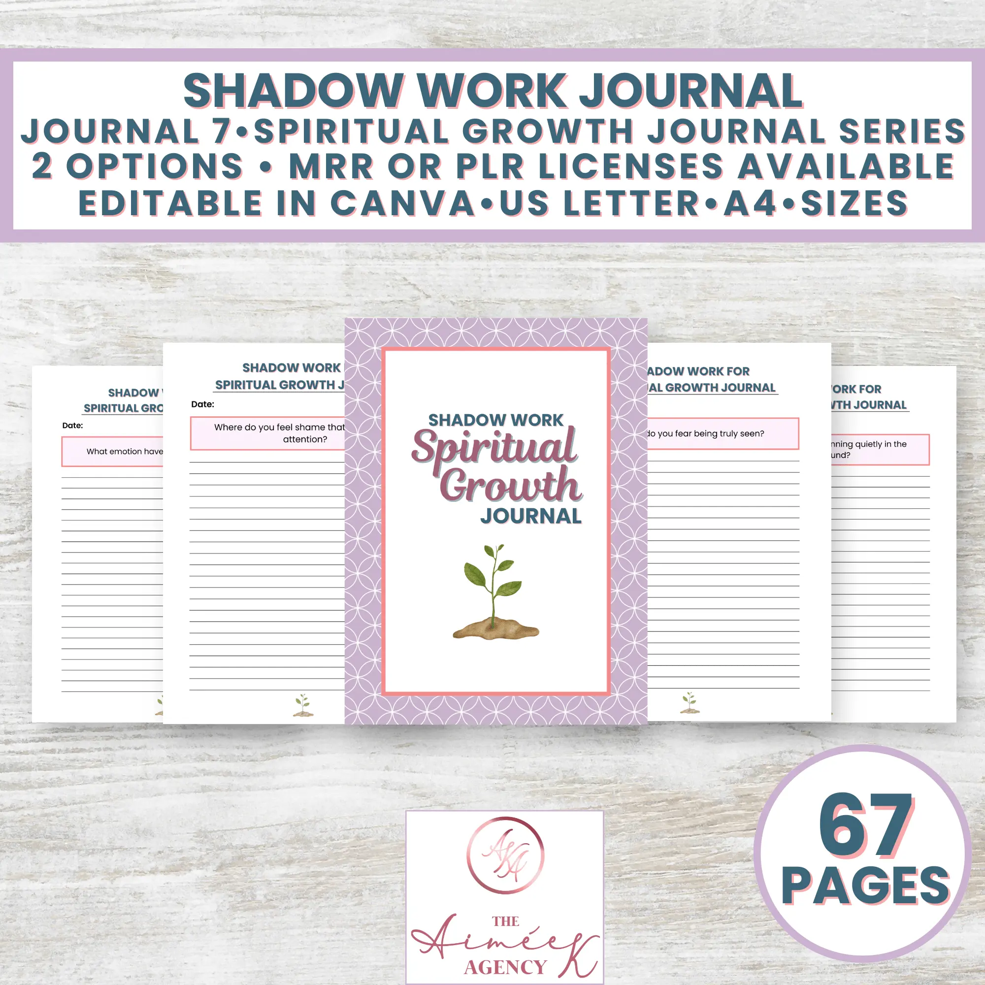Shadow Work Spiritual Growth Journal with 67 pages, editable in Canva, available in US Letter and A4 sizes, shown with sample interior pages and licensing options.