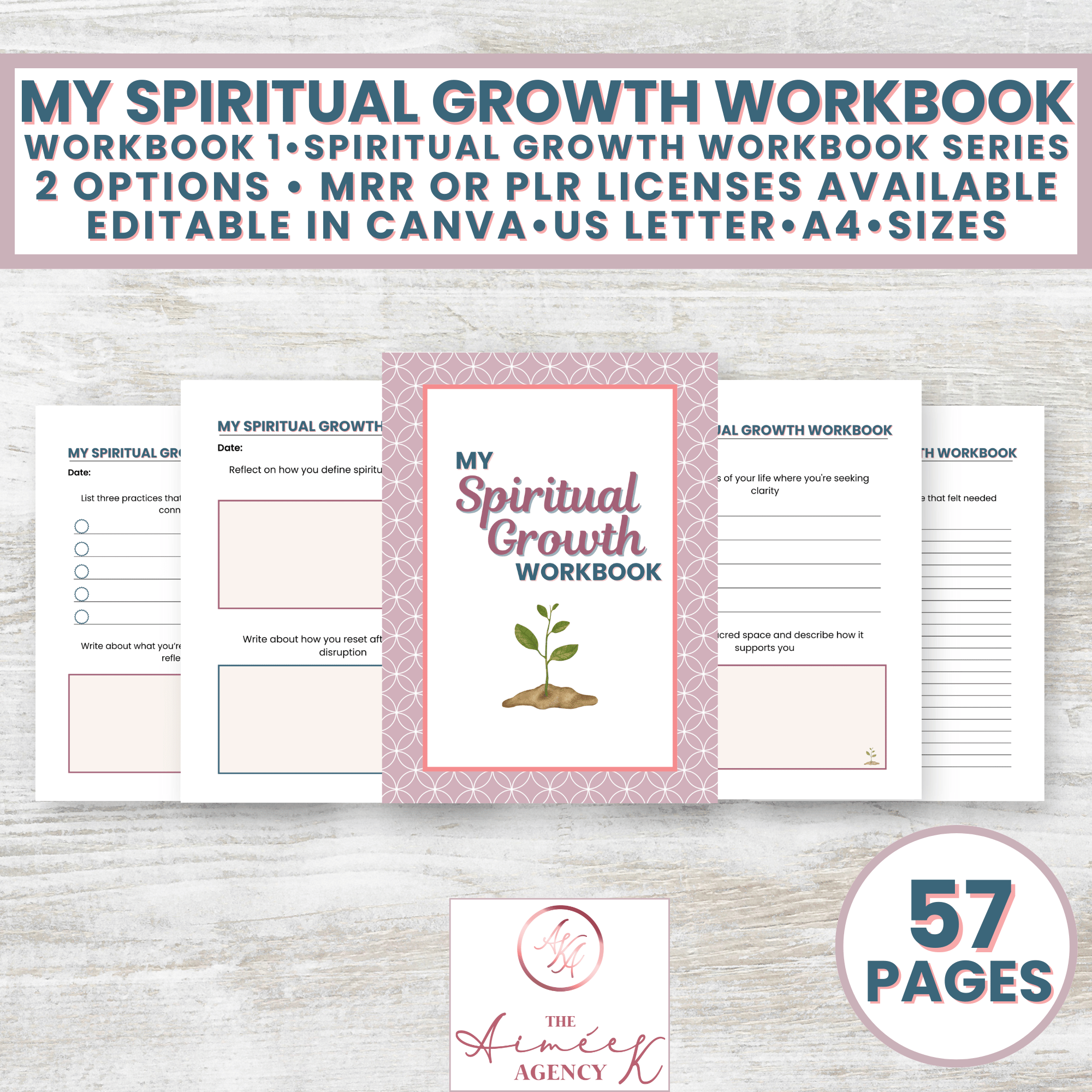 Cover and sample pages of "My Spiritual Growth Workbook," promoting editable options, licenses, US Letter/A4 sizes, and 57 pages, with a pink and white design and a plant graphic on the cover.
