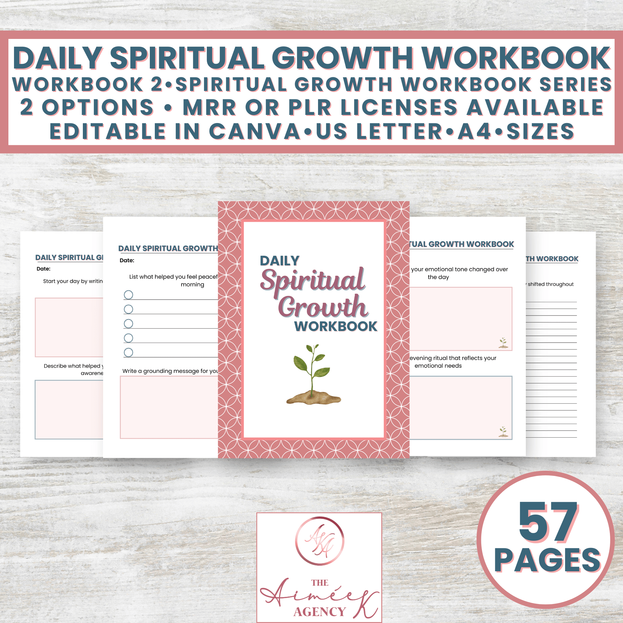 Image showing the cover and sample pages of a "Daily Spiritual Growth Workbook," highlighting 57 pages, editable in Canva, available in US Letter and A4 sizes, with MRR or PLR licenses.