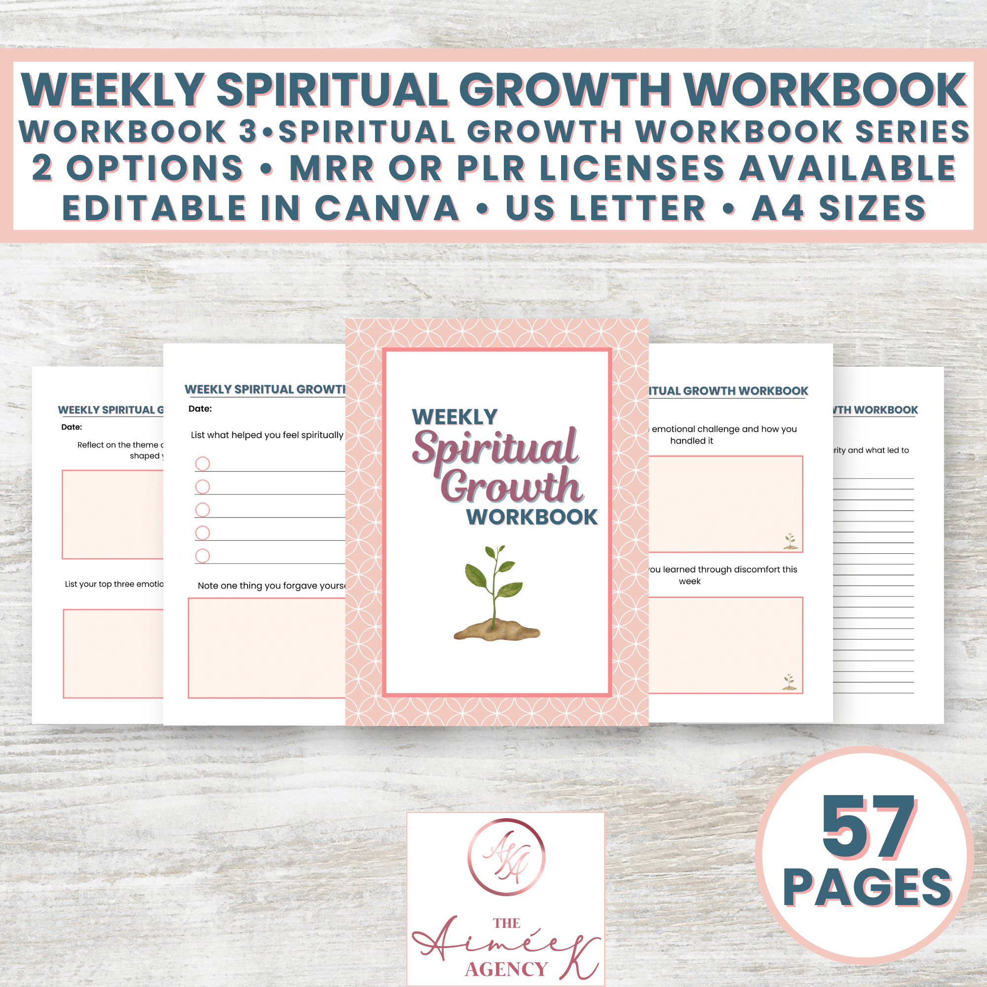 A promotional image for a 57-page Weekly Spiritual Growth Workbook, showing sample pages and details about customization options, licenses, and available sizes.