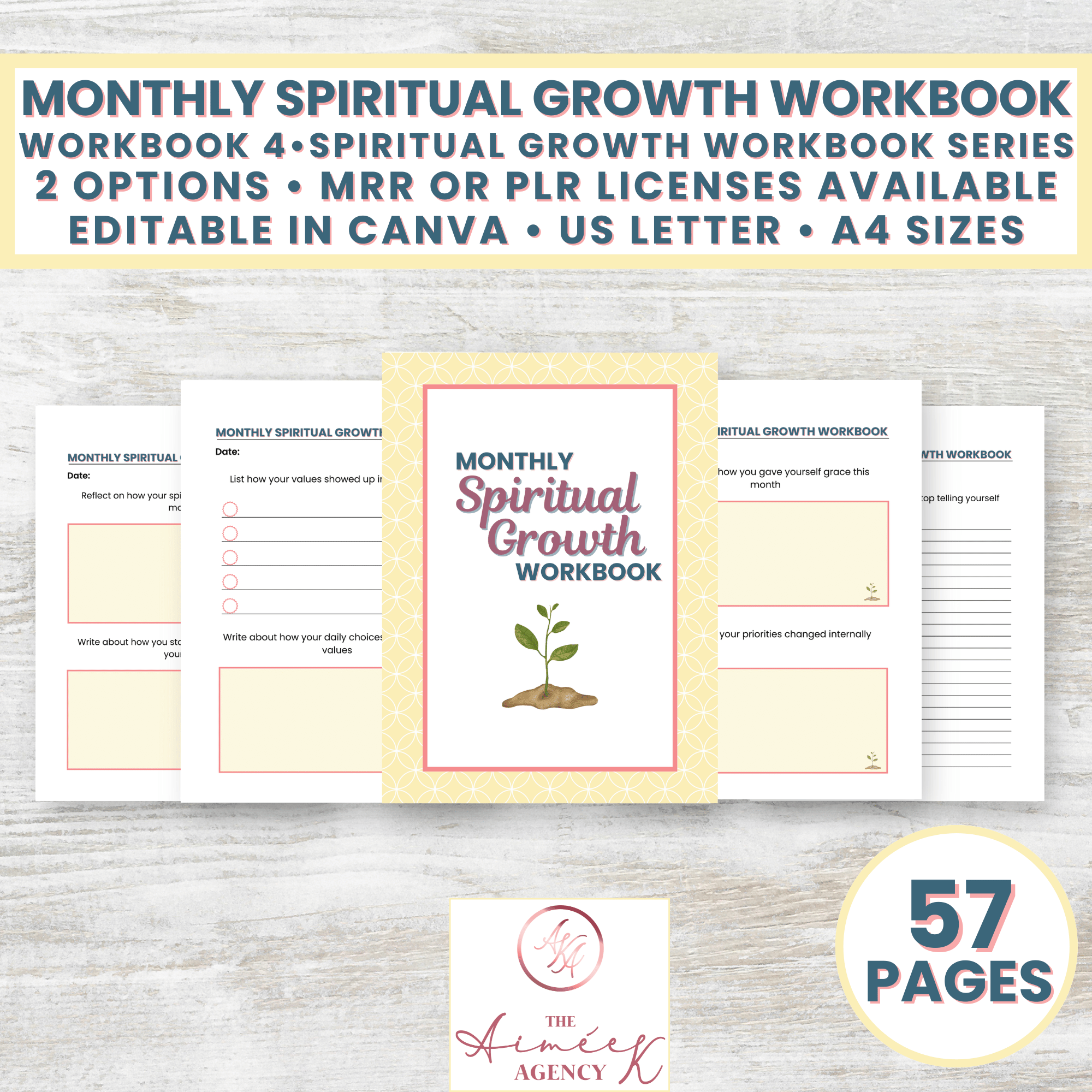 Image showing the cover and sample pages of a Monthly Spiritual Growth Workbook, available as a 57-page editable PDF for spiritual development, offered in US Letter and A4 sizes.