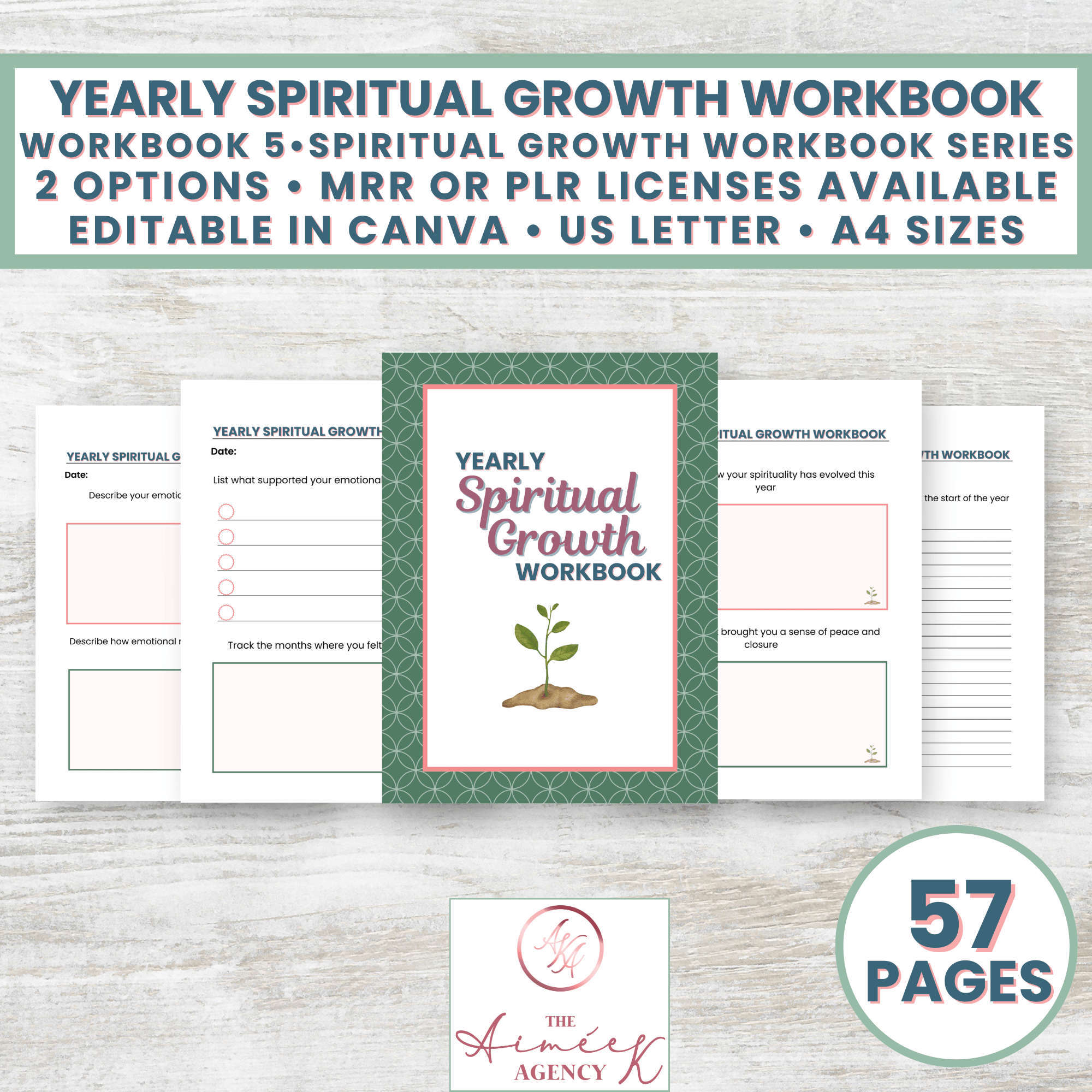 Image of a Yearly Spiritual Growth Workbook cover and sample pages, available in US Letter and A4 sizes, editable in Canva, includes 57 pages, and offers MRR or PLR licenses.