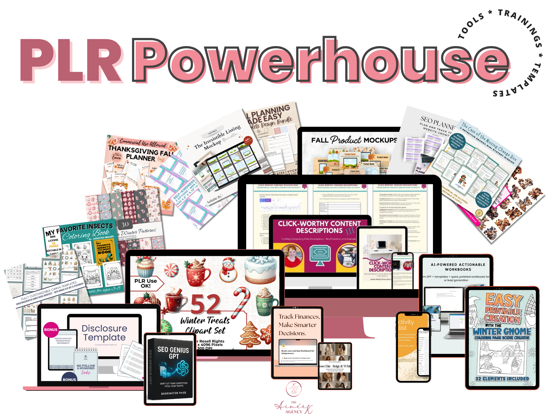 Collage of digital products and planners displayed on various screens, showcasing templates, planners, and training resources under the heading "PLR Powerhouse Bundle Redemption.