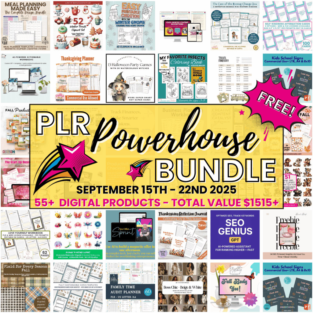 A promotional graphic for the "PLR Powerhouse Bundle" featuring over 55 digital products ($1515+ value). PLR Powerhouse Bundle Sign Up is free from September 15th to 22nd, 2025.