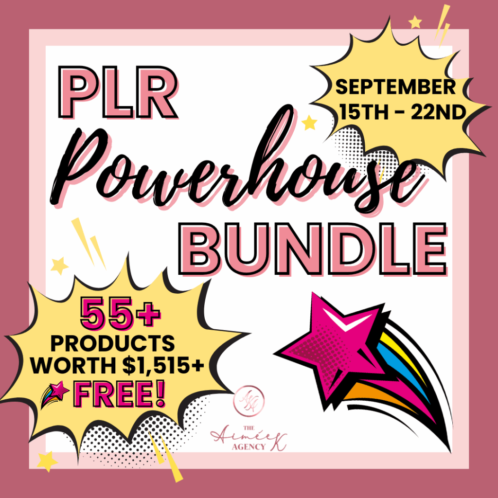 Promotional graphic for a "PLR Powerhouse Bundle Waitlist"—sign up to get 55+ products worth $1,515+ for free! Available September 15th–22nd, featuring colorful star and comic-style elements. PLR Powerhouse Bundle Sign Up today!.