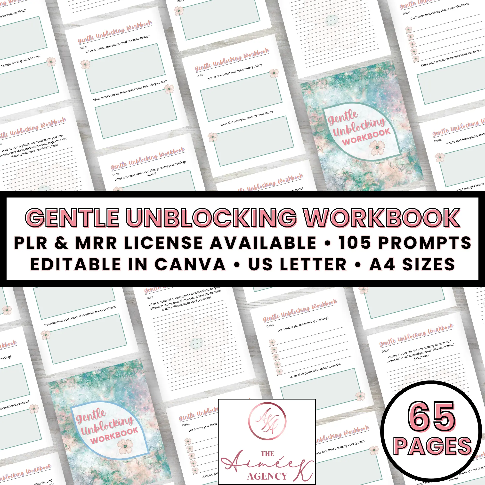 A digital workbook titled "Gentle Unblocking Workbook" is displayed with multiple pages shown. Featuring 65 pages, 105 prompts, and editable in Canva, this Black Friday PLR Templates bundle includes PLR & MRR licenses.