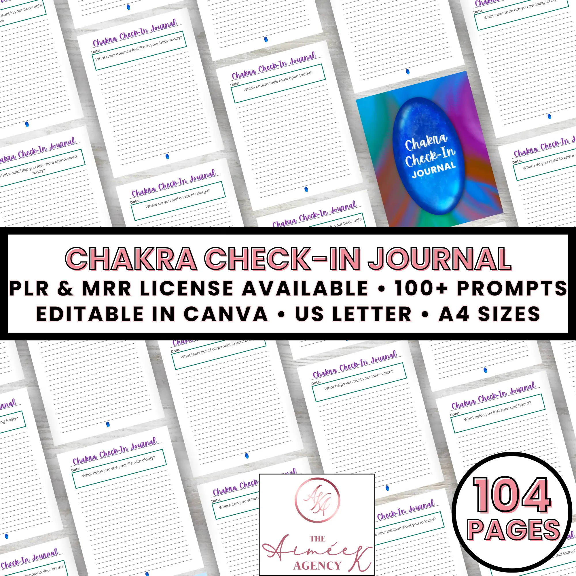 Chakra Check-In Journal promo image showcasing journal pages, a vibrant cover, and text highlighting 104 pages, editable in Canva, Black Friday PLR Templates, MRR license, and US Letter/A4 sizes.