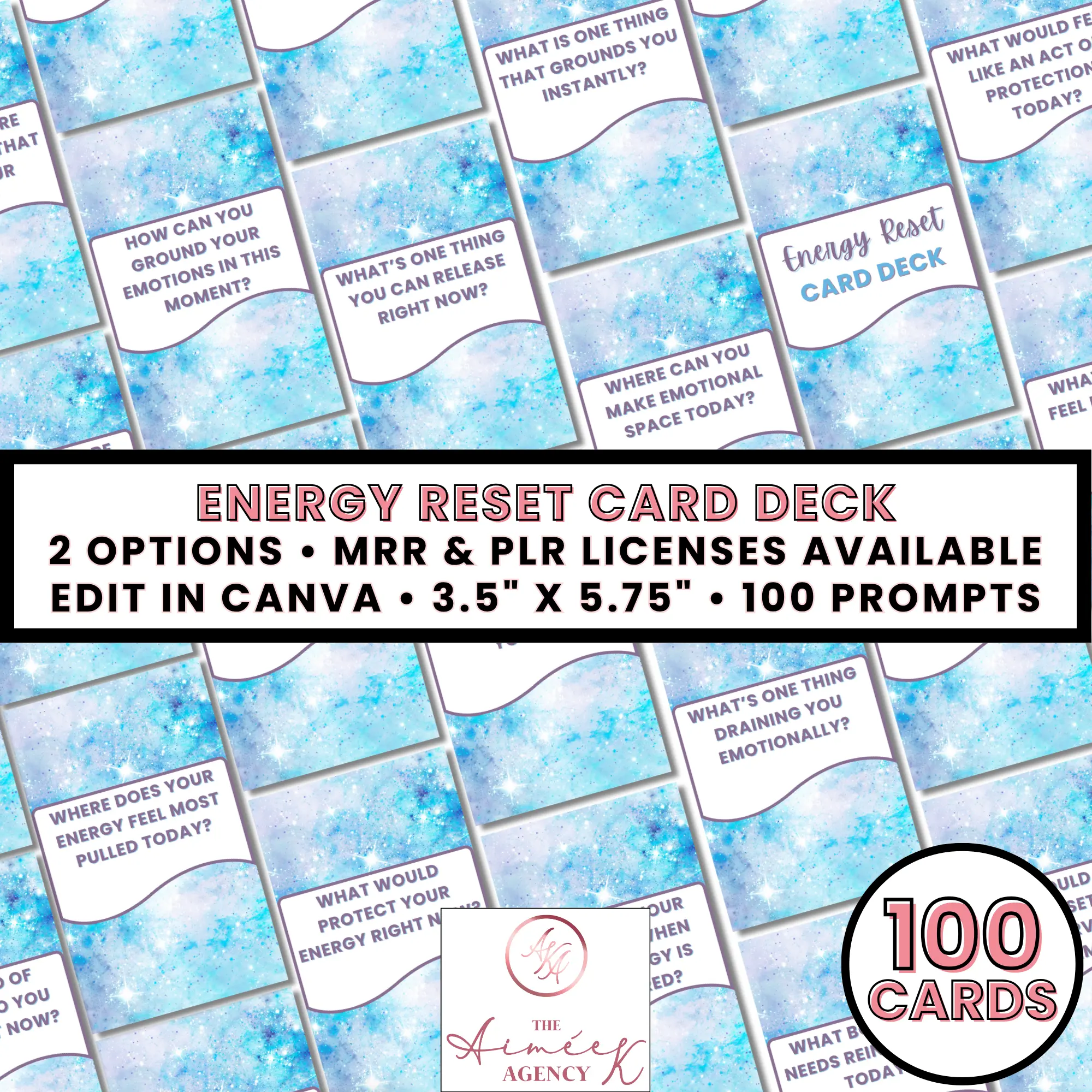 Image displaying the Energy Reset Card Deck, featuring 100 prompt cards with reflective questions. Available in MRR & PLR licenses, editable in Canva, size 3.5"x5.75". Perfect addition to your Black Friday PLR Templates collection.