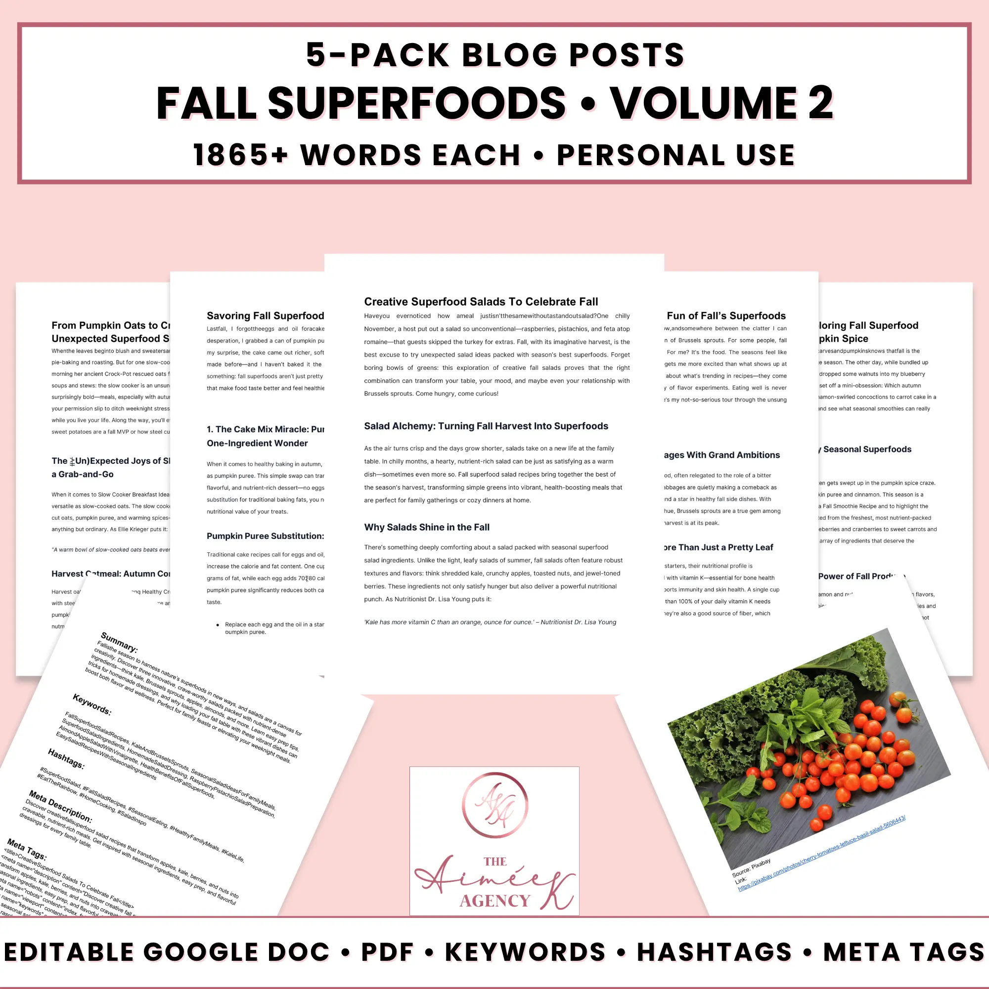 Image displaying a promotional graphic for a 5-pack of fall superfoods Done For You Blog Posts, featuring sample text pages and a photo of cherry tomatoes on a blue cloth.