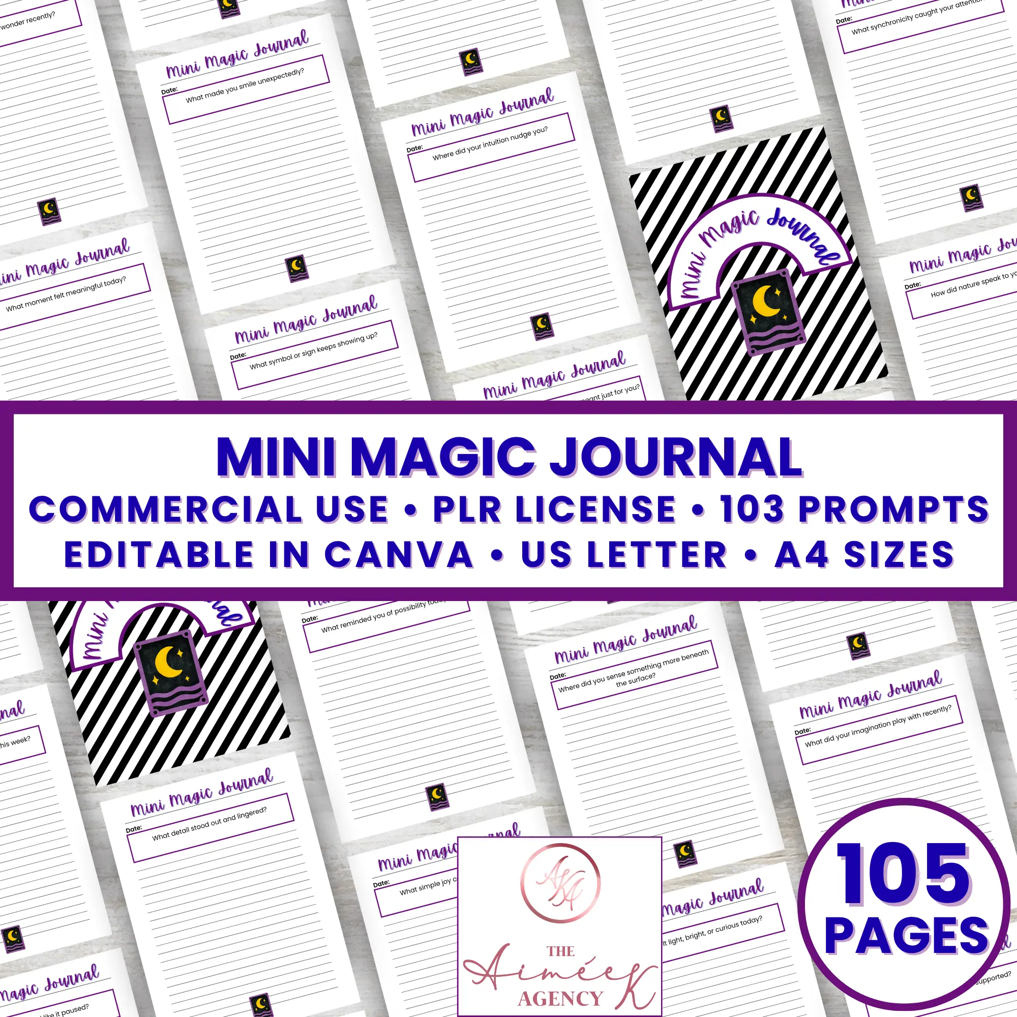 Image showing multiple pages of the "Mini Magic Journal" with 103 prompts. Highlighted are its commercial use, Black Friday PLR Templates, Canva editability, US Letter and A4 sizes, and 105 total pages.