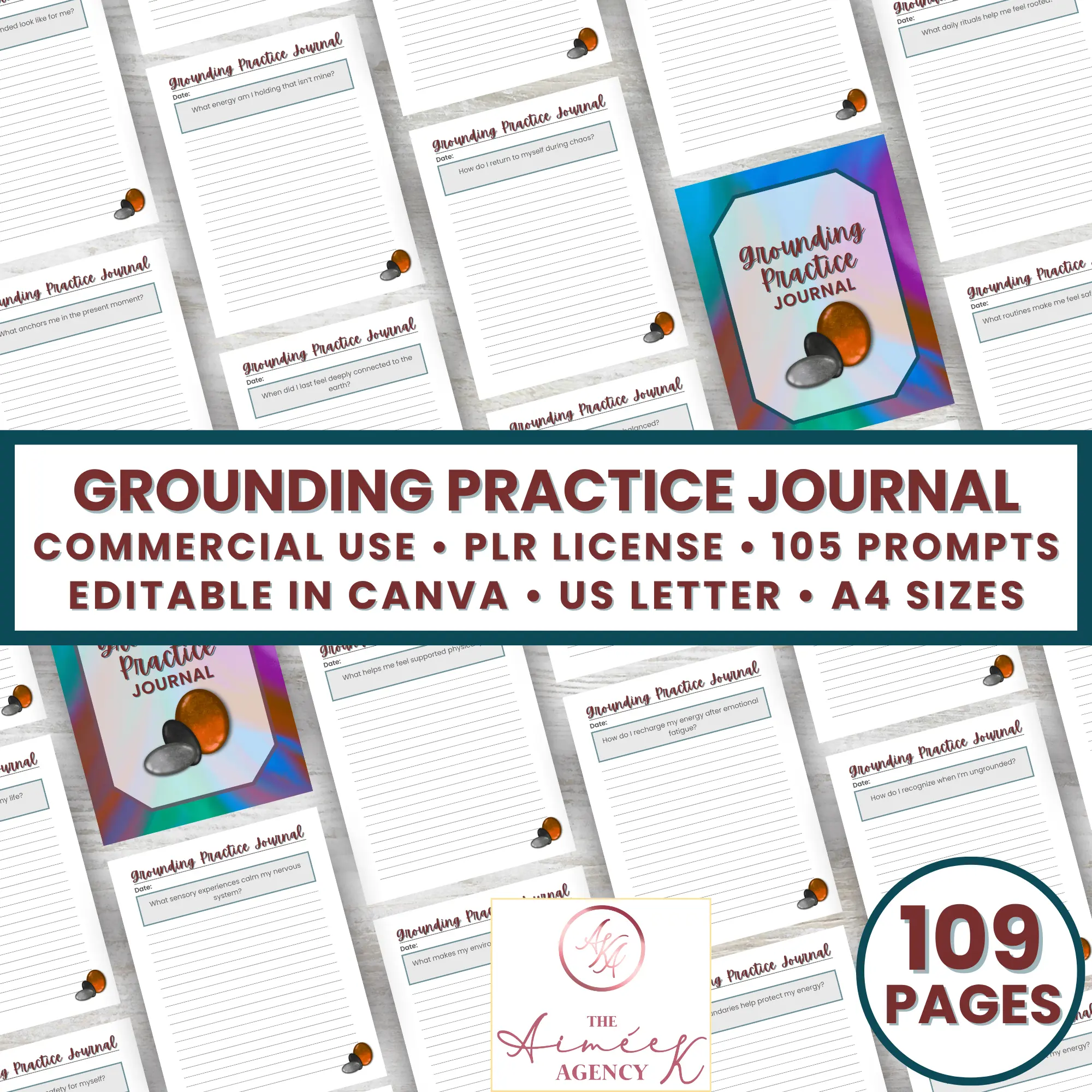 Grounding Practice Journal with 105 prompts, editable in Canva, available in US Letter and A4 sizes. Includes commercial use, PLR license, and 109 pages. Perfect for Black Friday PLR Templates collections. Multiple journal page samples shown.