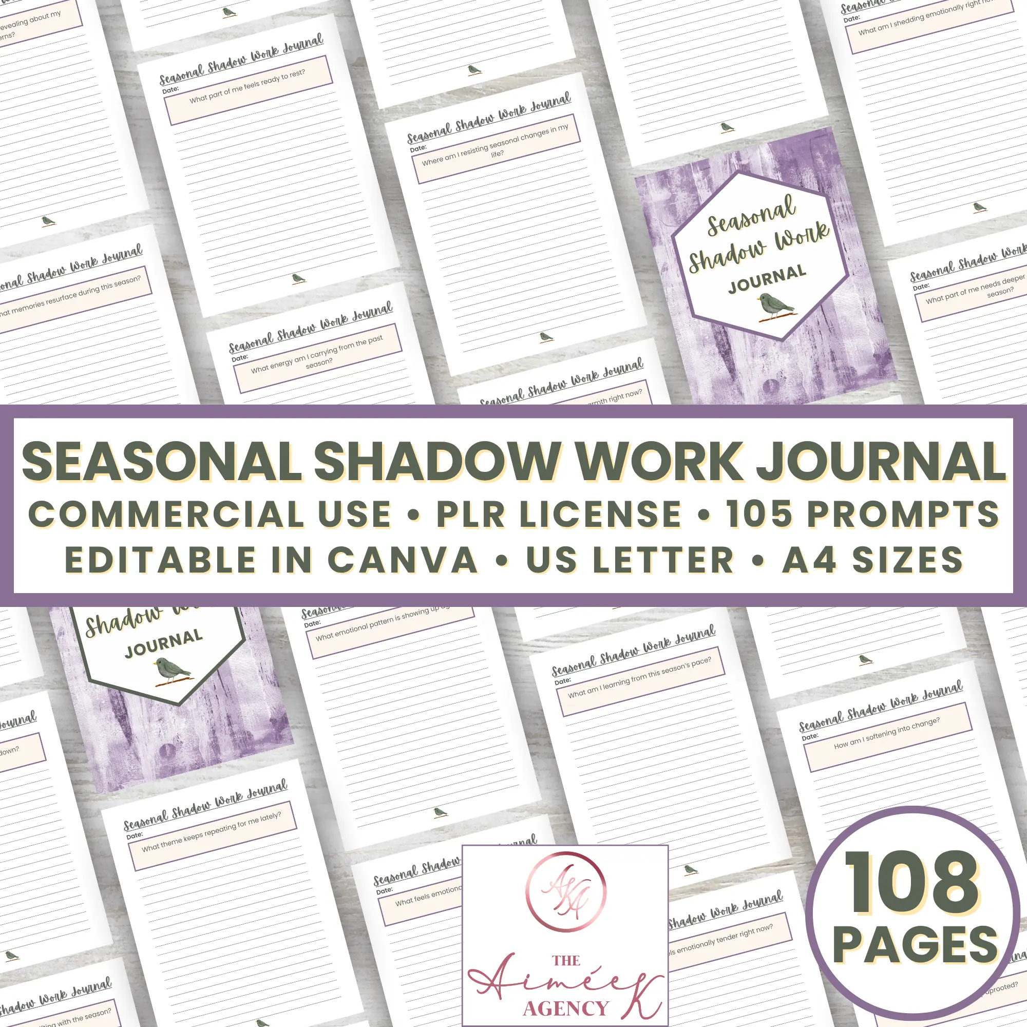 Image of a "Seasonal Shadow Work Journal" with 108 pages and 105 prompts, perfect for Black Friday PLR Templates seekers. Commercial use, editable in Canva, PLR license included, available in US Letter and A4 sizes.