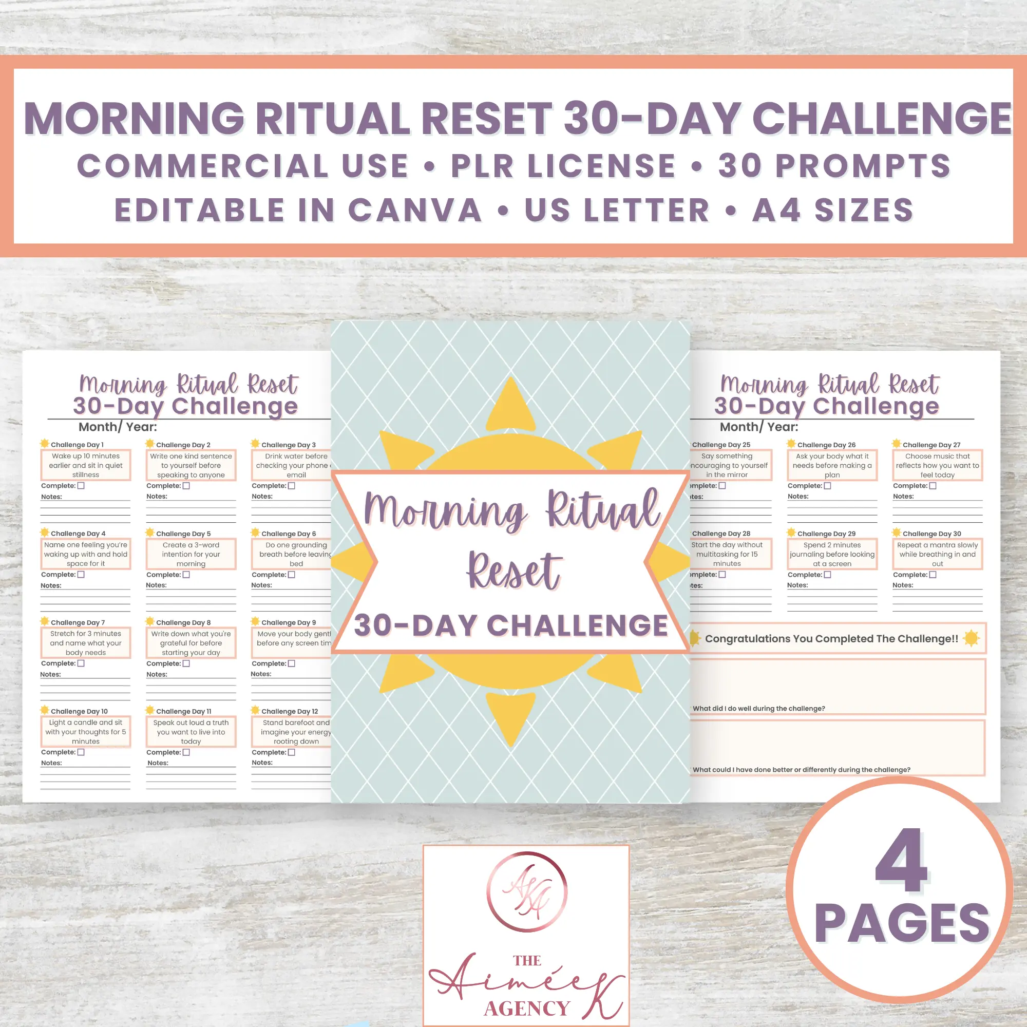 Image showing a "Morning Ritual Reset 30-Day Challenge" printable with prompts, editable in Canva, commercial use, US Letter and A4 sizes, 4 pages included—perfect for your Black Friday PLR Templates collection.
