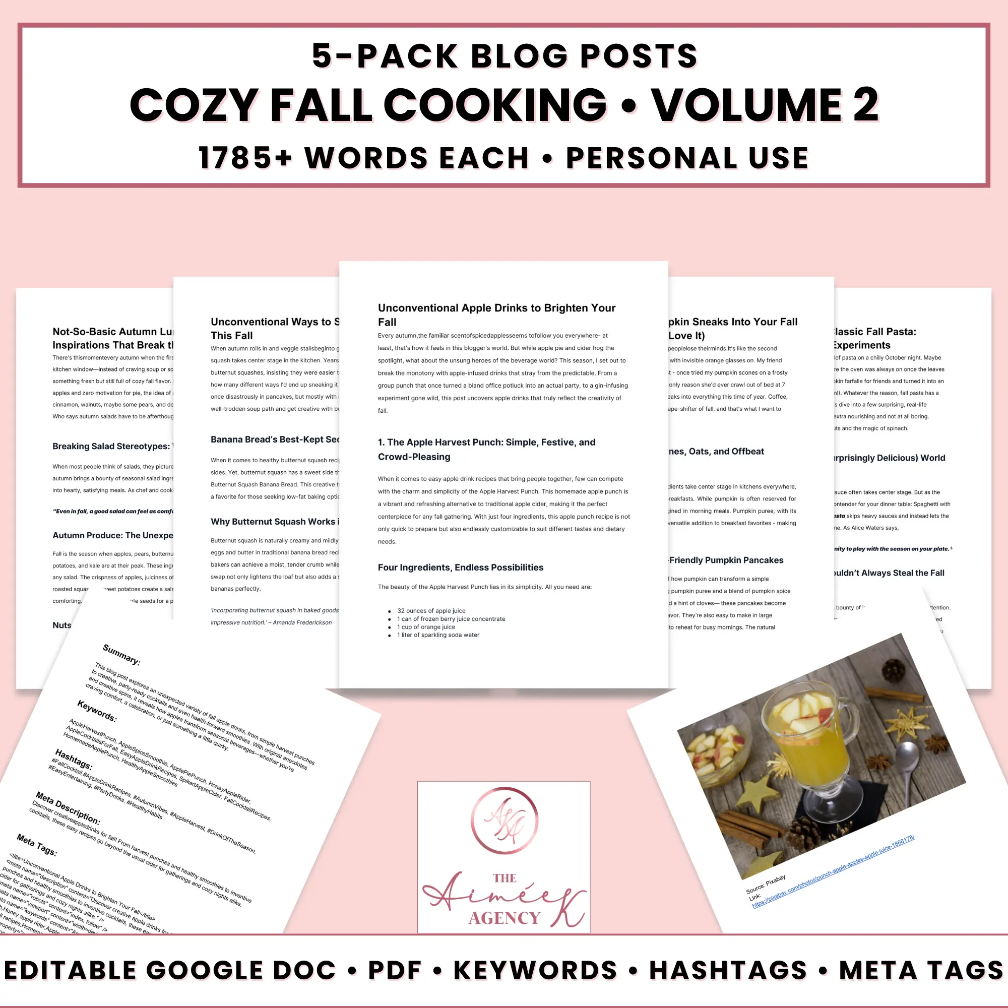 Promotional image for "Cozy Fall Cooking Vol 2," offering five blog posts with over 1785 words each; includes sample pages and a photo of a beverage with apples and spices.