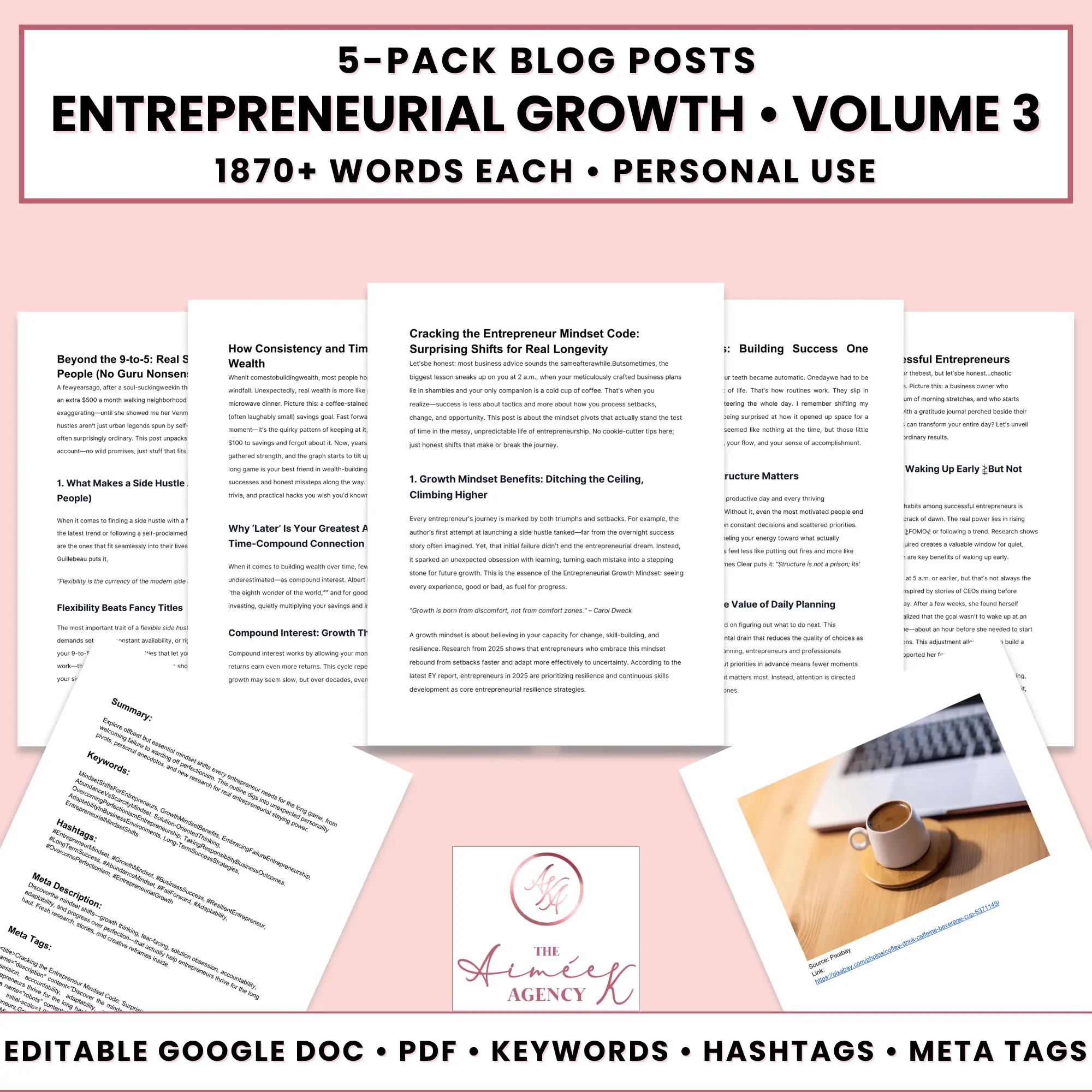 Five pages of Done For You Blog Posts about entrepreneurial growth are spread out, with a cup of coffee and a notebook on the side. Text highlights blog post topics and key product features.