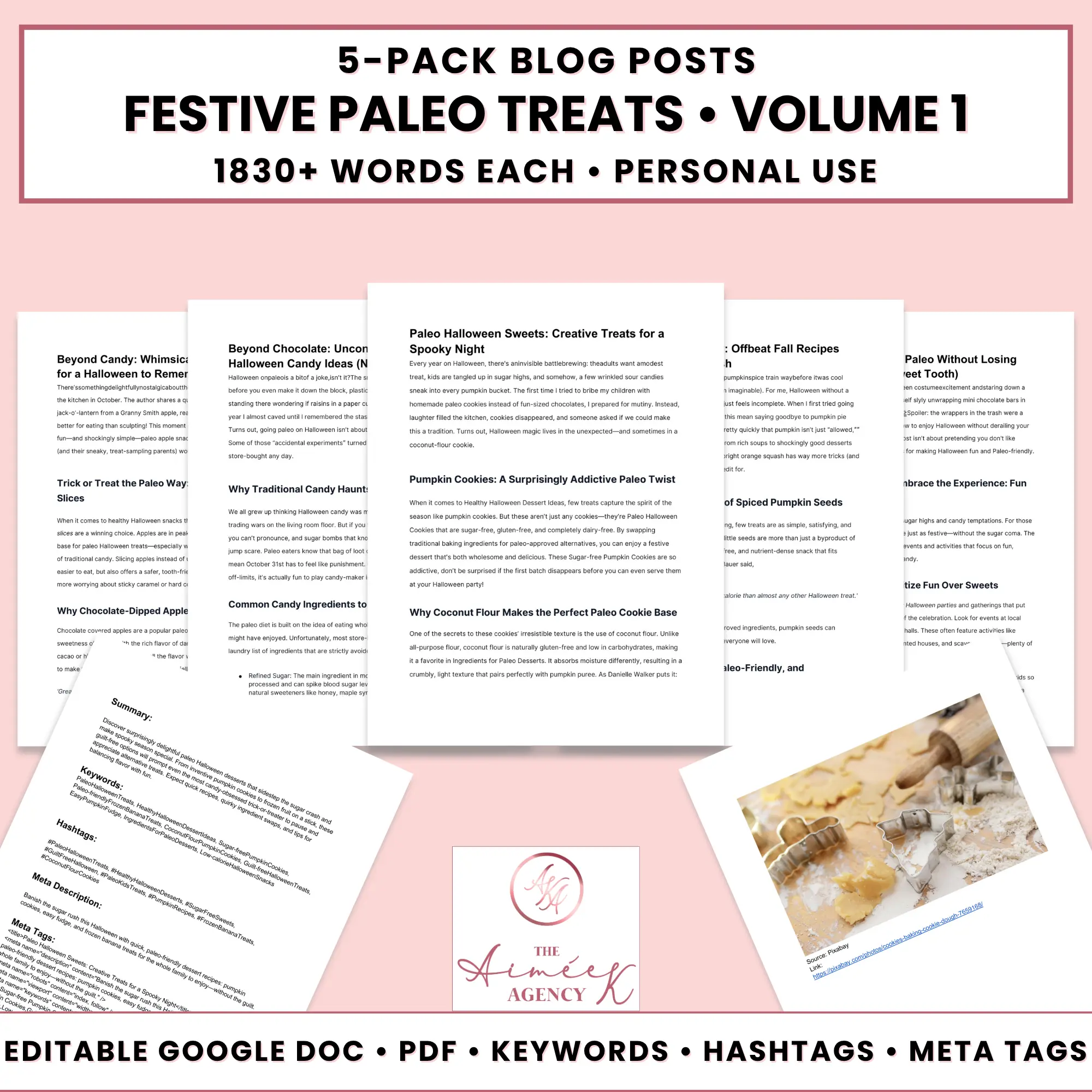 Image promoting a 5-pack of festive Paleo treats Done For You Blog Posts, featuring 1830+ words each, editable Google Docs, keywords, hashtags, and meta tags—perfect for personal use or easy content creation.