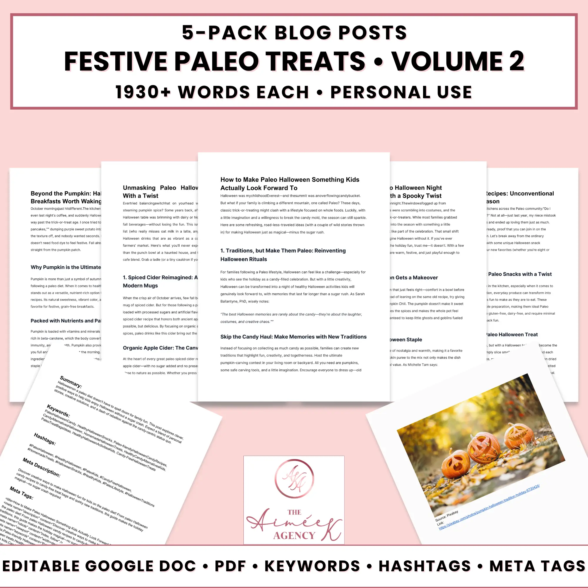 Image displaying a 5-pack of festive Done For You Blog Posts, Paleo treat edition, volume 2—each over 1,930 words. Perfect for personal use, includes editable files, keywords, hashtags, and meta tags.