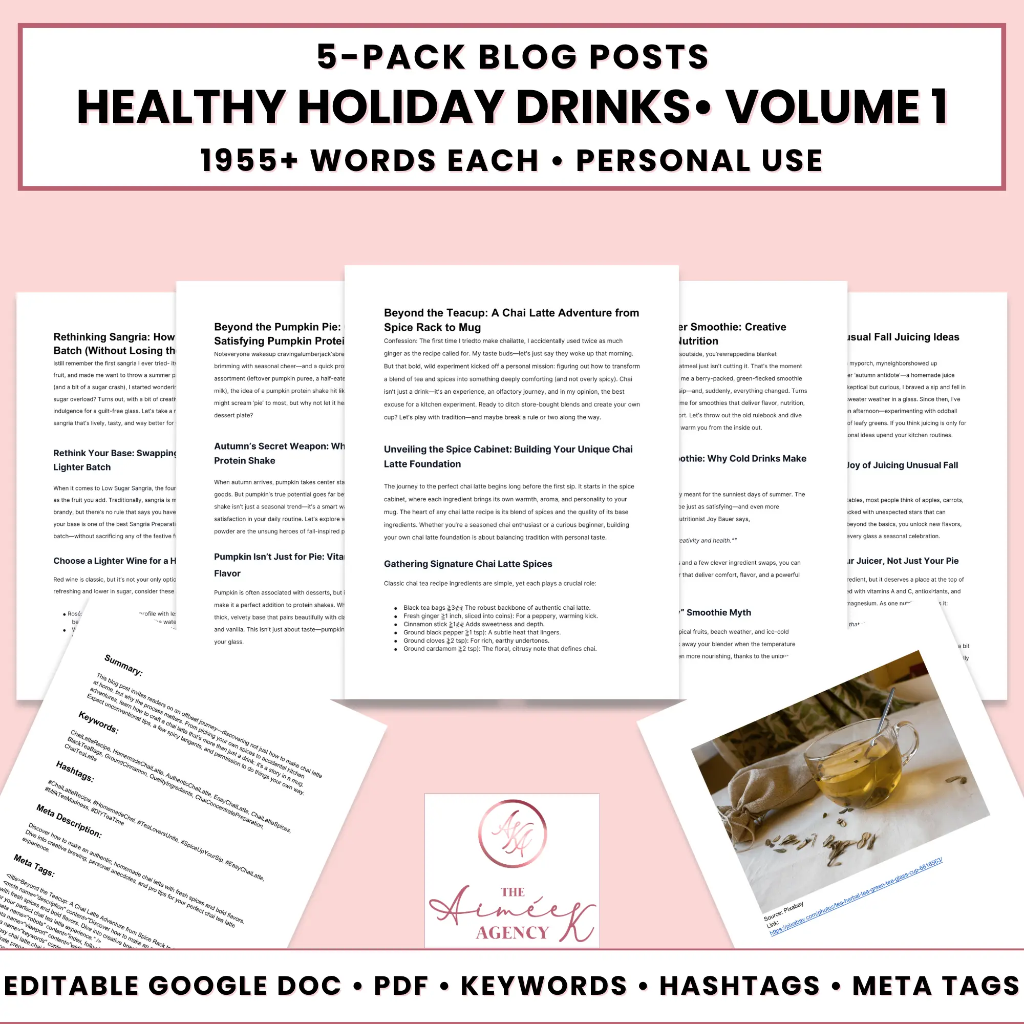 Display of five Done For You Blog Posts on healthy holiday drinks, a cup of tea, and text promoting a 5-pack of 1955+ word blog posts with editable files, keywords, hashtags, and meta tags.