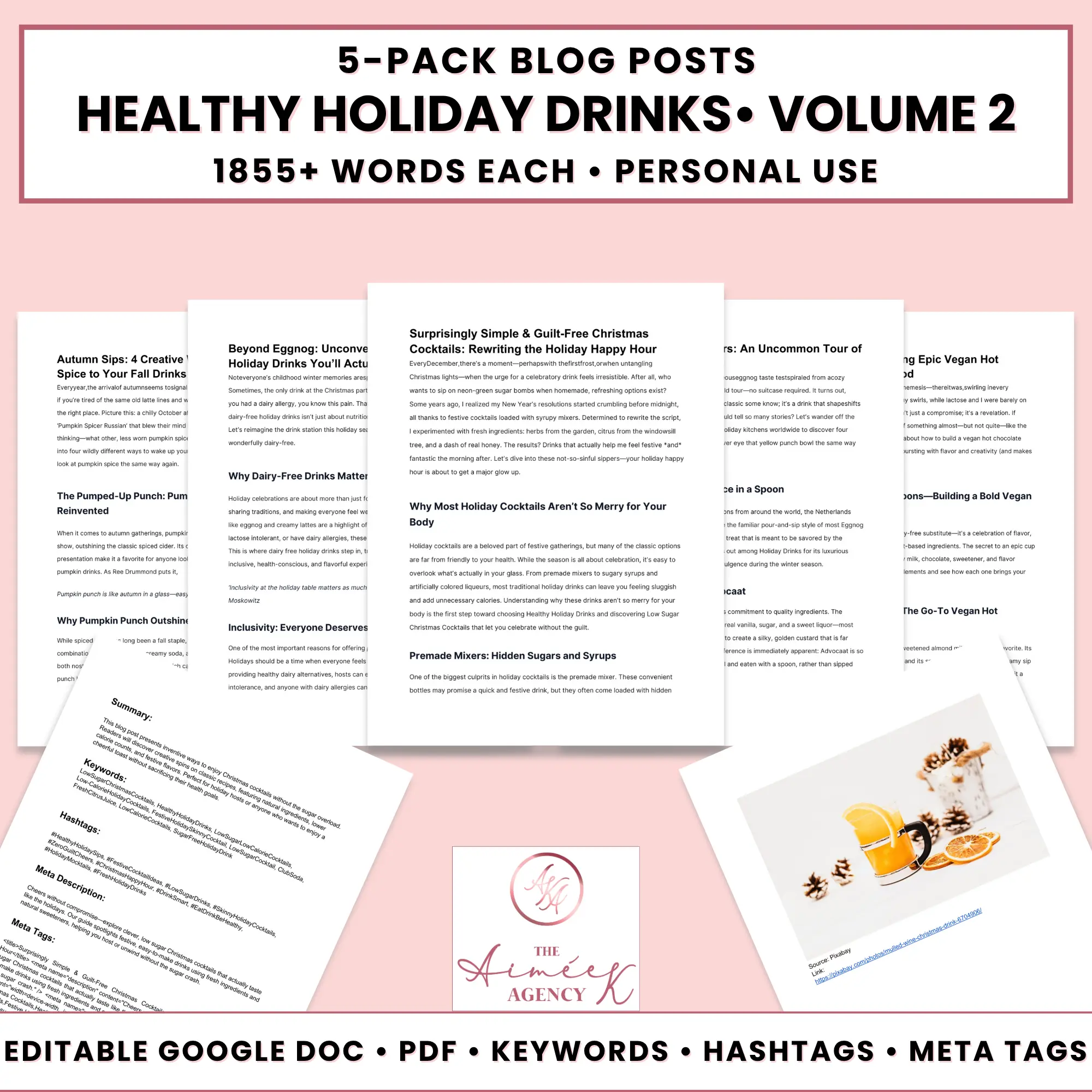 Image displaying five Done For You Blog Posts about healthy holiday drinks, featuring a pink and white color theme, agency logo, and details about format and included features at the bottom.