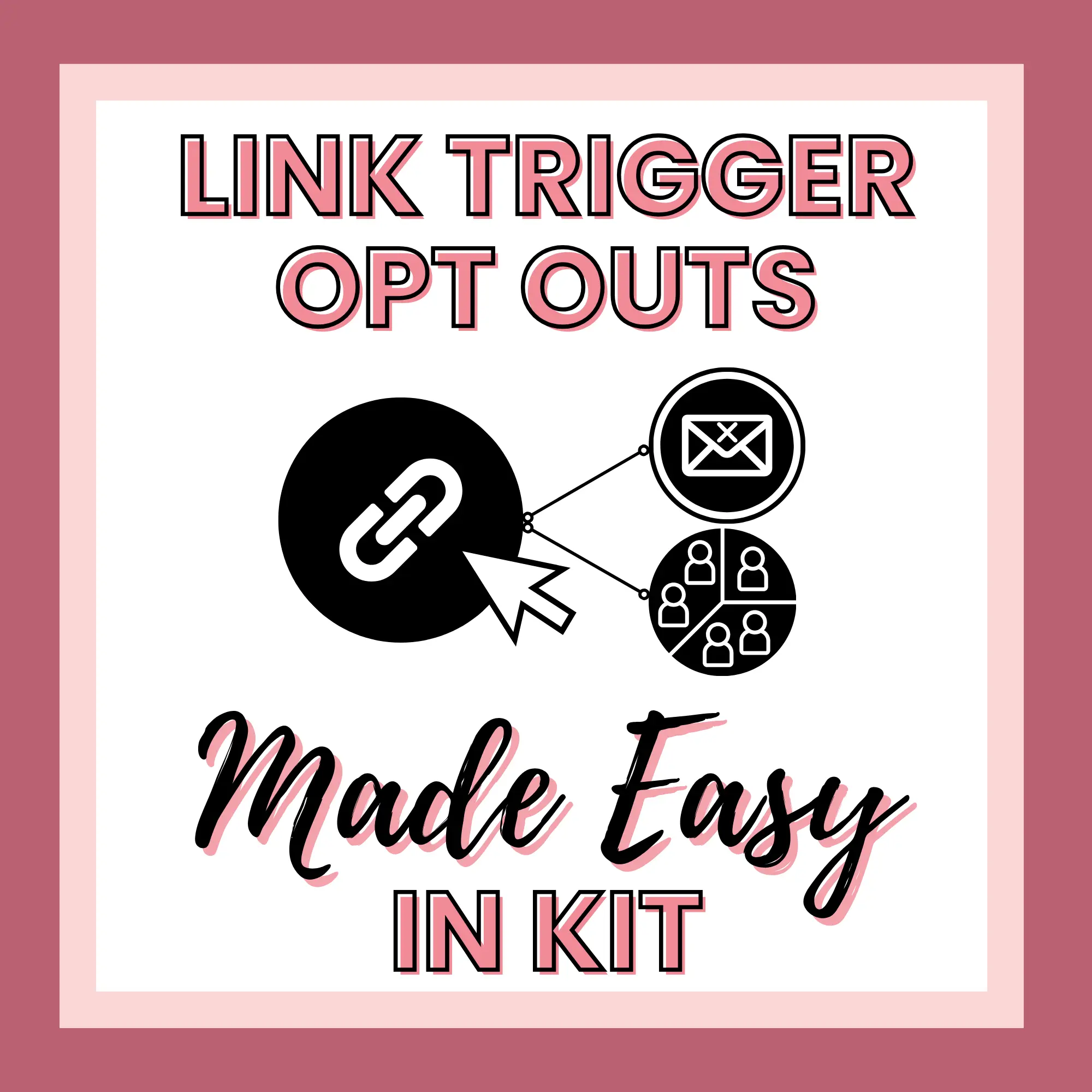 Graphic with icons of a chain link, mouse pointer, envelope, and people, with text: "Link Trigger Opt Outs Made Easy In Kit" in bold fonts on a pink-bordered background. Perfect for promos featuring bonuses $37 and under.