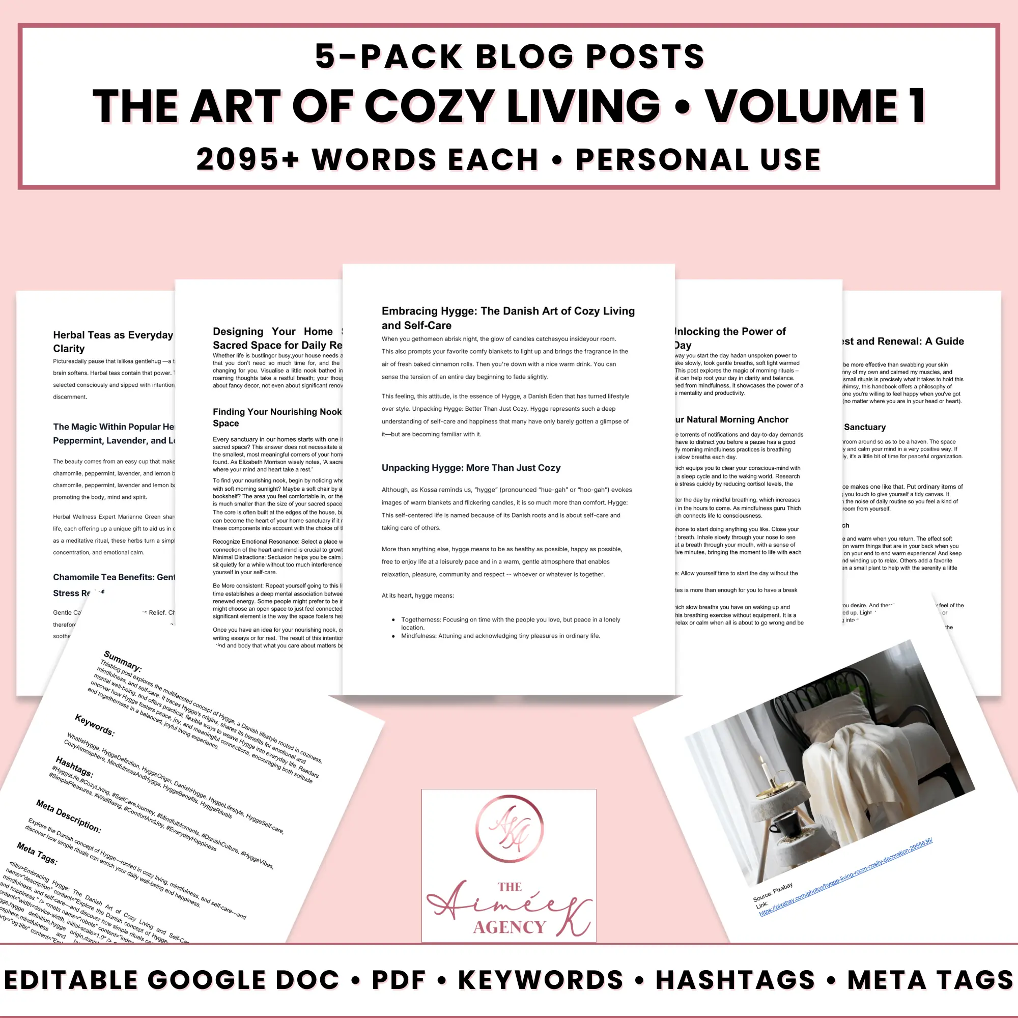 A promotional image for a 5-pack "The Art of Cozy Living • Volume 1" blog post bundle, featuring Done For You Blog Posts, previews of documents, a cozy bedroom photo, and info on included features.