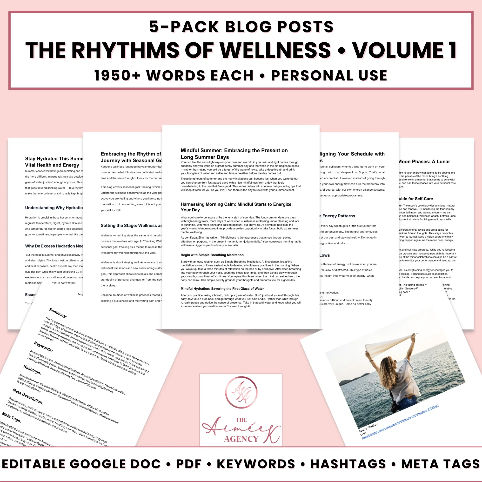 Image displaying "The Rhythms of Wellness • Volume 1" 5-pack Done For You Blog Posts, each over 1950 words, for personal use, in editable Google Doc and PDF formats, complete with keywords, hashtags, and meta tags.