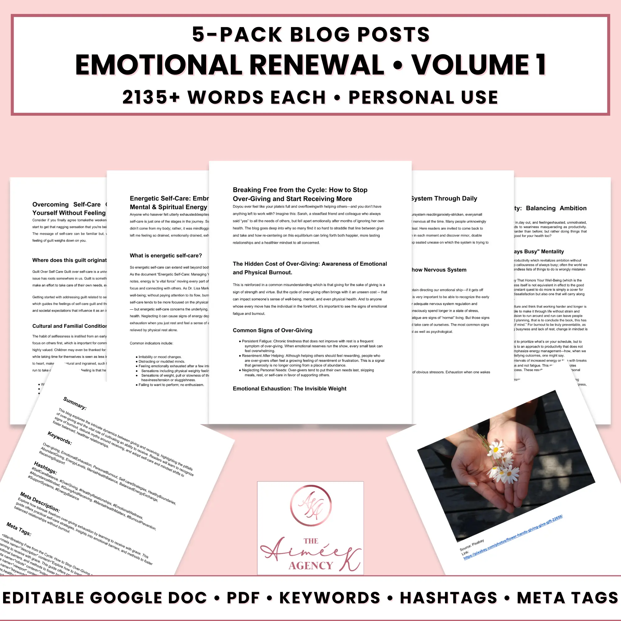 Preview image of a 5-pack blog post bundle titled "Emotional Renewal Volume 1," featuring Done For You Blog Posts with sample pages, editable docs, keywords, hashtags, and meta tags for personal use.