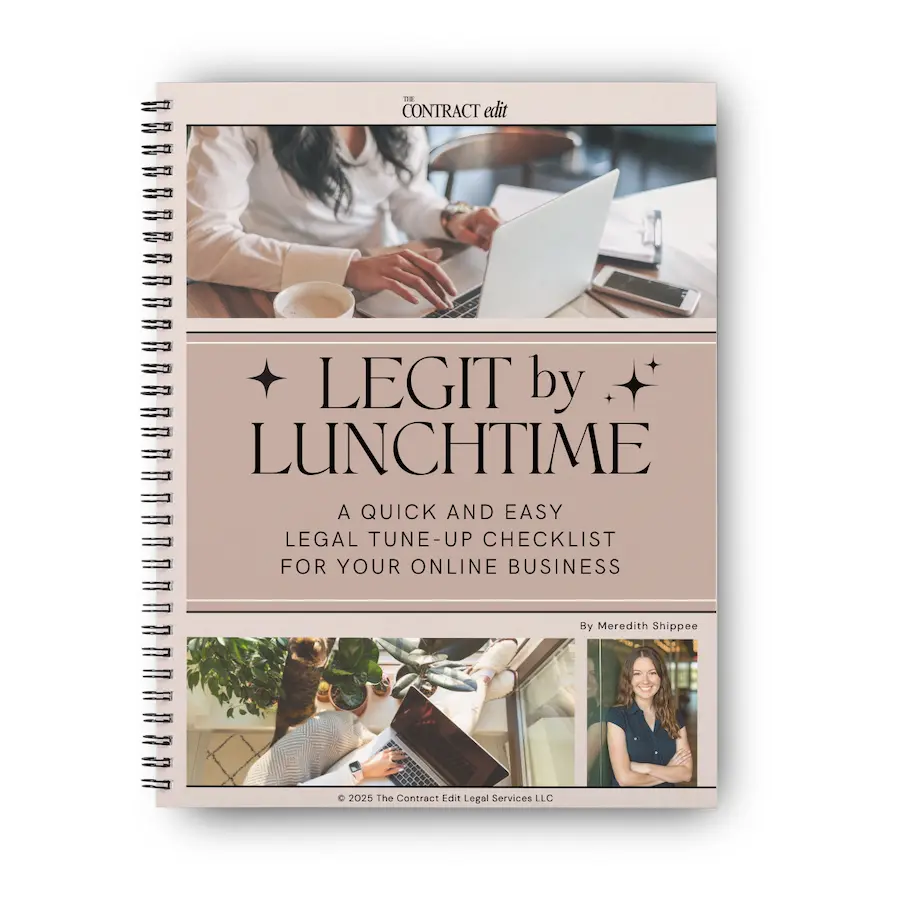 Spiral-bound workbook titled "Legit by Lunchtime: A Quick and Easy Legal Tune-Up Checklist for Your Online Business," featuring business-themed photos on the cover—part of the exclusive PLR Powerhouse Bundle you won't want to miss!.