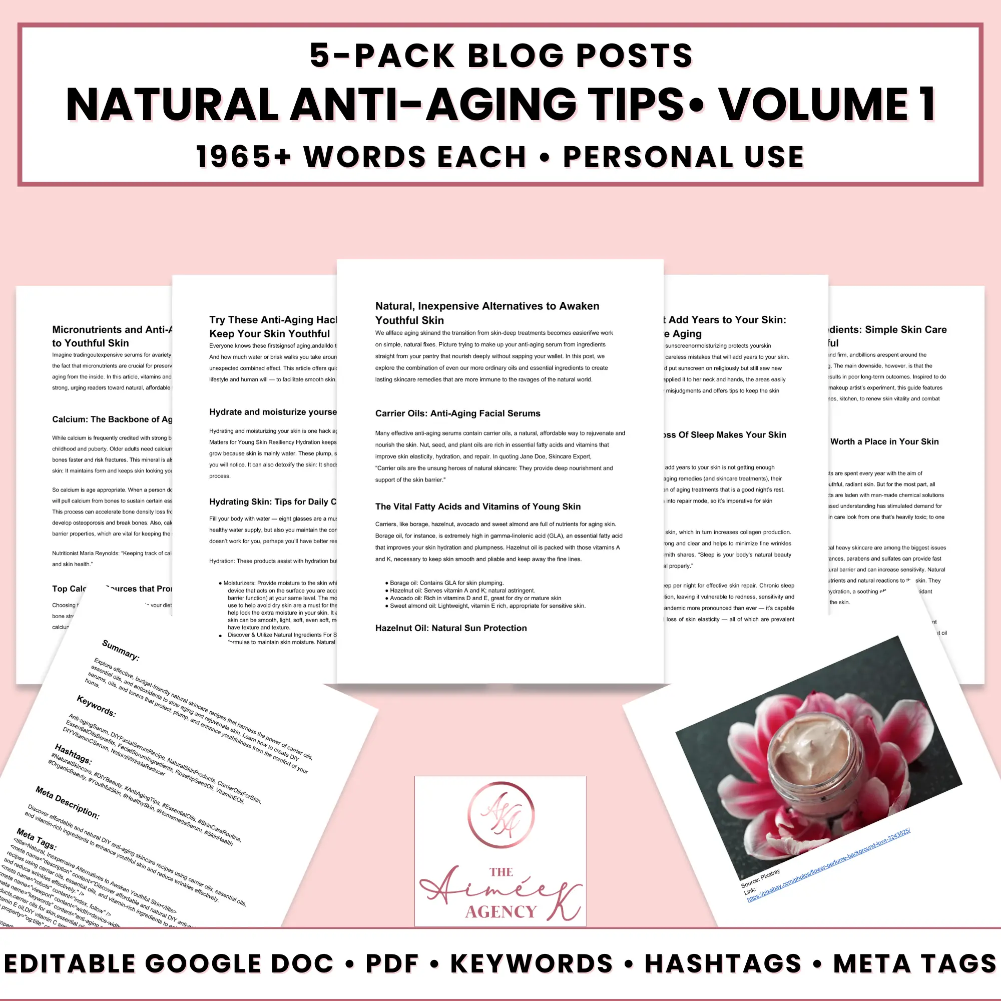 Five Done For You Blog Posts about natural anti-aging tips, featuring a pink logo, sample text, and a photo of skincare products with a pink flower.