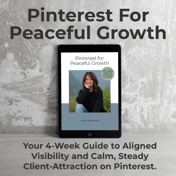 A tablet displaying the cover of "Pinterest for Peaceful Growth" by Julie Ostmeyer, set against a textured background with descriptive text below—featured in the PLR Powerhouse Bundle Missed It Sponsors collection.