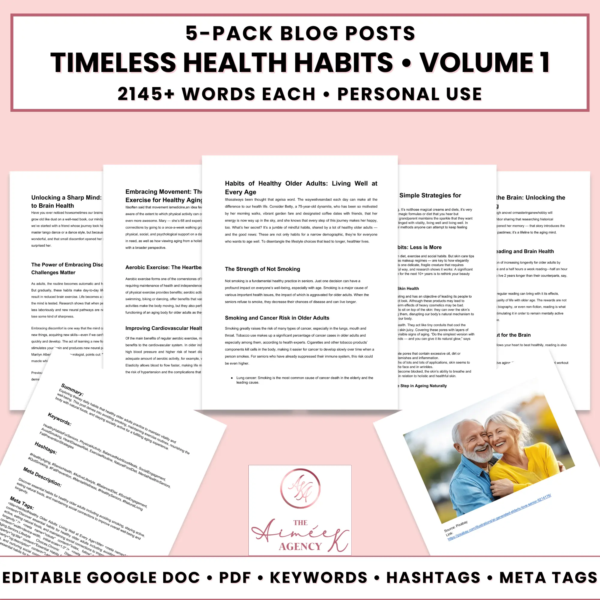 5-pack "Timeless Health Habits Volume 1" blog post bundle featuring Done For You Blog Posts, sample pages, a senior couple photo, plus editable docs, keywords, and meta tags for easy customization.