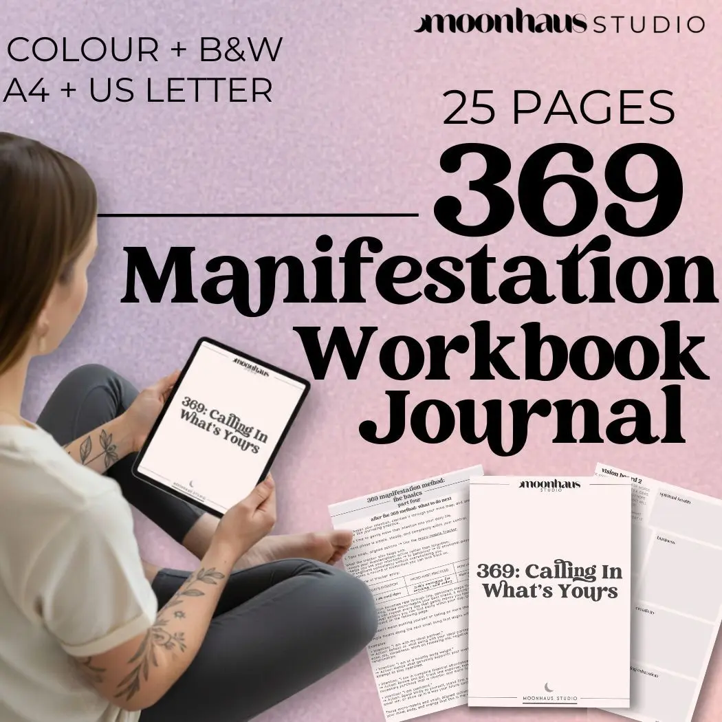 A woman sits on the floor holding a tablet displaying the cover of a "369 Manifestation Workbook Journal." Printed worksheets and the journal cover, part of the PLR Powerhouse Bundle, appear alongside her.