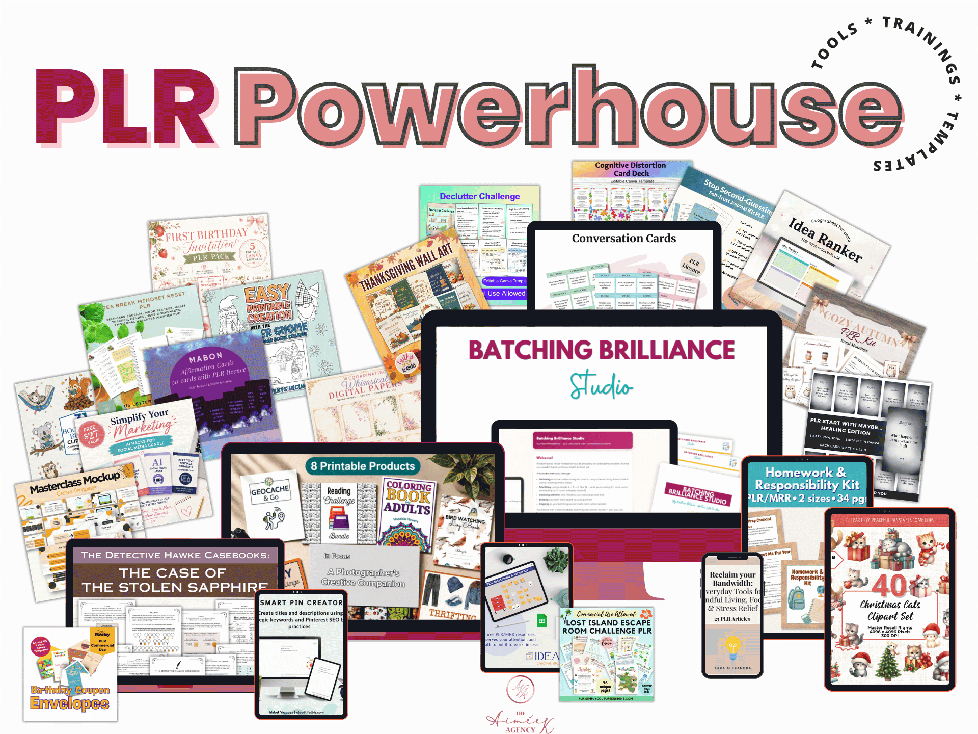A collage of digital product templates, planners, cards, and printable resources is displayed around a computer monitor, under the title “PLR Powerhouse,” highlighting the exclusive PLR Powerhouse Bundle Redemption opportunity.