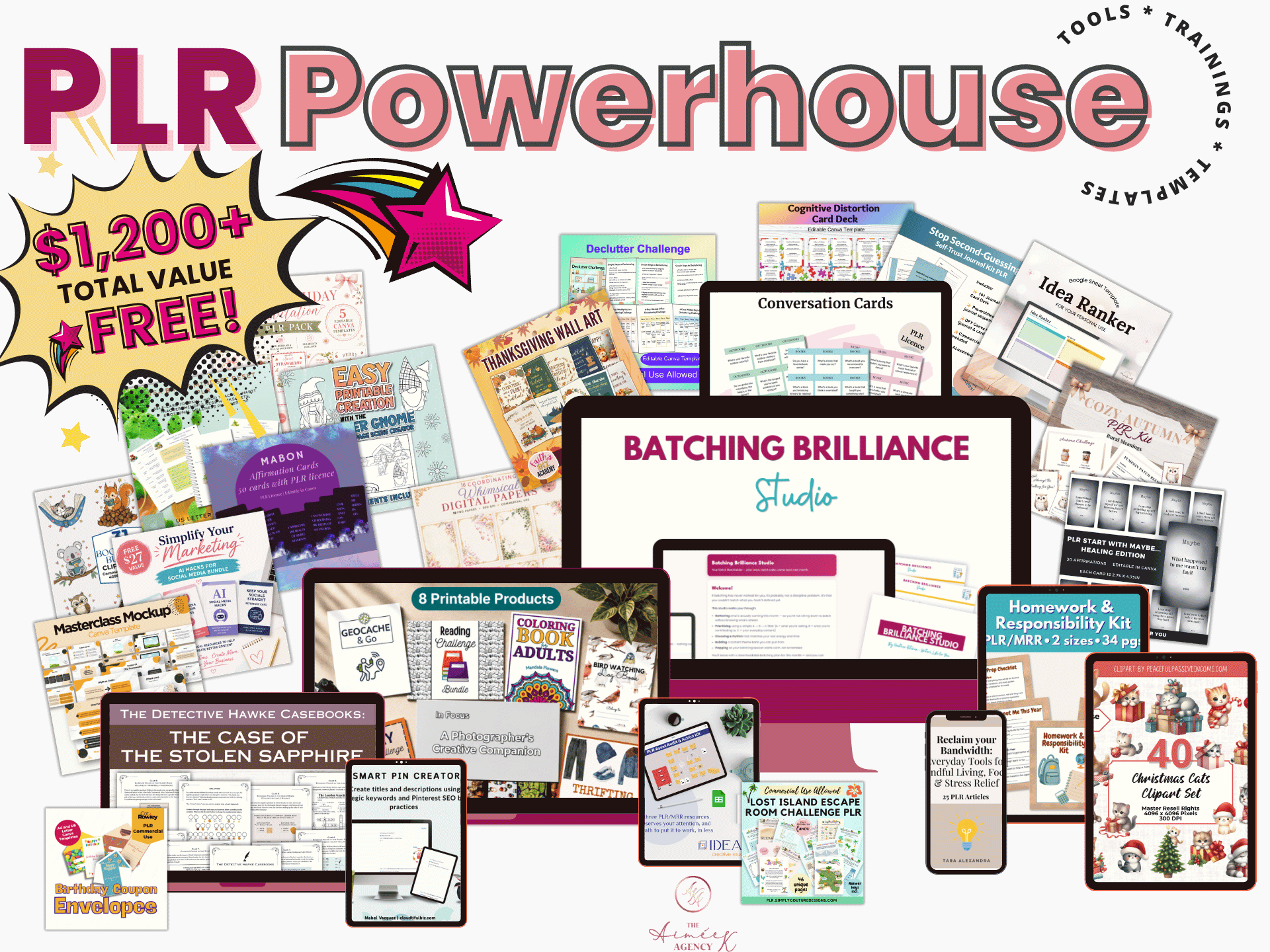A digital collage promotes the “PLR Powerhouse” set, highlighting various printable products, tools, and trainings with a $1,200+ value displayed around a central computer screen. The vibrant design draws attention to the exclusive PLR Powerhouse Bundle Redemption opportunity, inviting viewers to unlock incredible resources for their business.