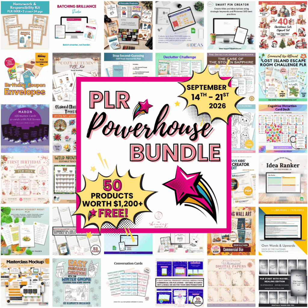 A collage of digital product covers surrounds a central box reading “PLR Powerhouse Bundle, 50 products worth $1,200+, free, September 14th – 21st, 2026” with star graphics—your invitation to PLR Powerhouse Bundle Sign Up.