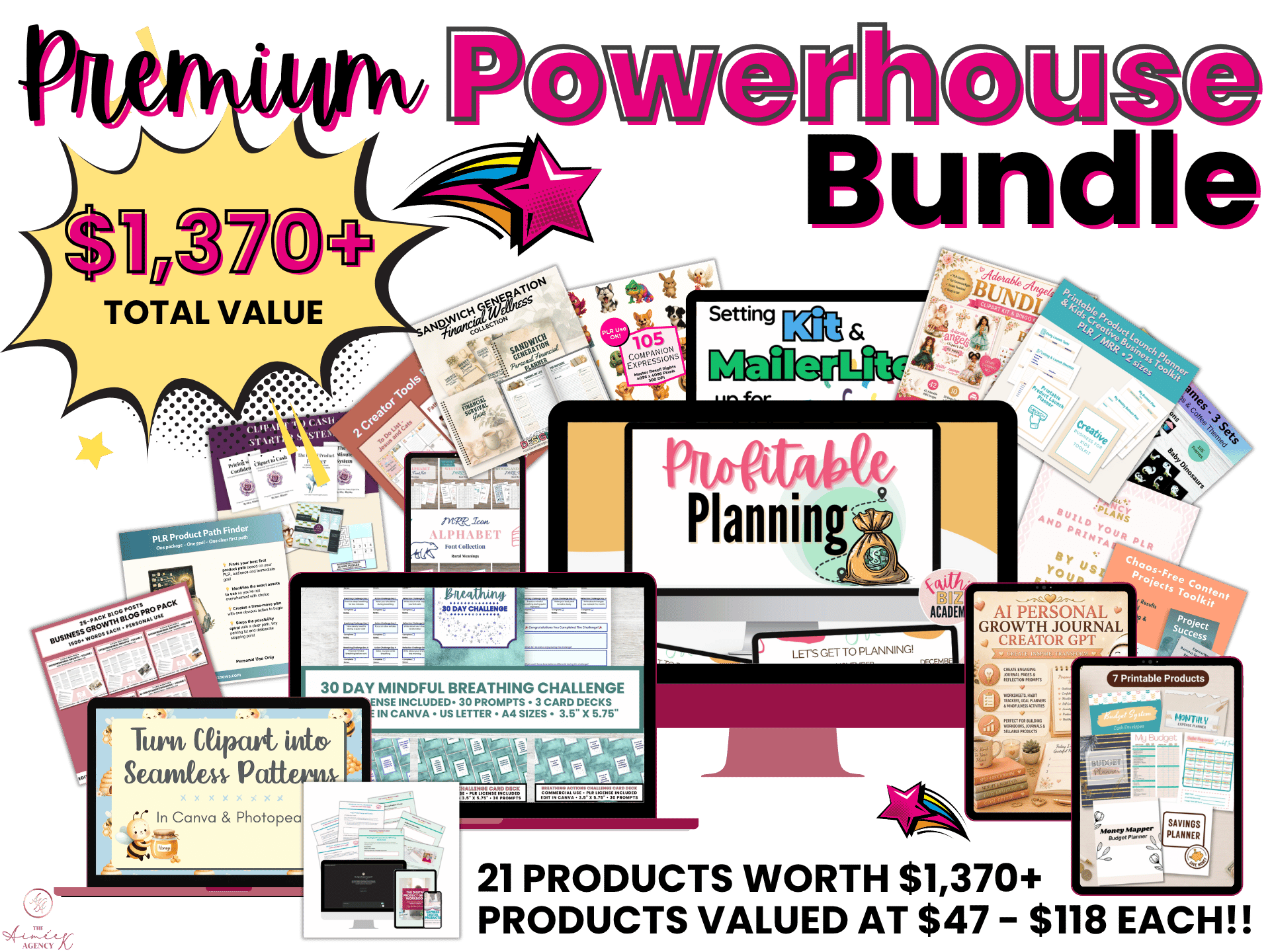 Collage showing digital planners, journals, business resources, and graphics with text promoting a “Premium Powerhouse Bundle” valued at $1,370+, featuring 21 products for planners and creators. Highlighting exclusive PLR Powerhouse Bundle Redemption for instant access to all premium resources.