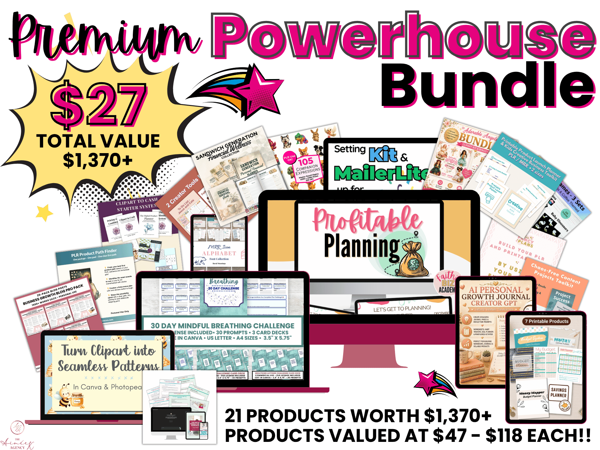 A digital advertisement for the Premium Powerhouse Bundle, featuring various planning and business resources valued at $1,370+ and sold for just $27. Showcasing images of digital products and a computer screen, the ad highlights easy PLR Powerhouse Bundle Redemption so you can quickly access all your premium tools.