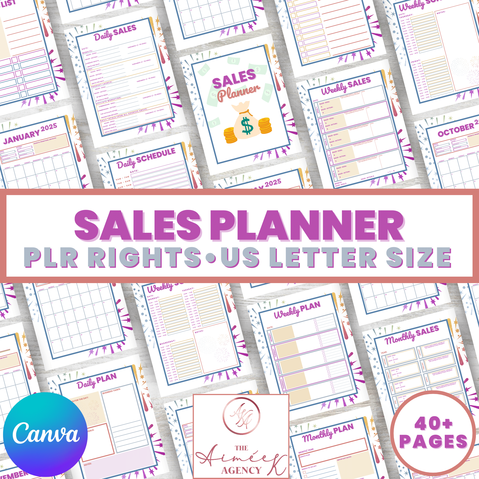 Sales Planner with PLR License in US letter size. 40+ pages of Canva templates