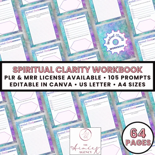 Spiritual Clarity Workbook cover showing sample worksheet pages, 64 pages, 105 prompts, editable in Canva, PLR & MRR license available, US Letter and A4 sizes.