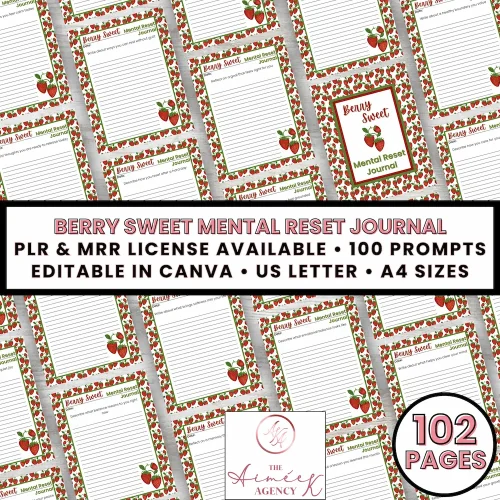 Berry Sweet Mental Reset Journal with PLR & MRR license. Editable in Canva, available in US Letter and A4 sizes, with 100 prompts. 102 pages.