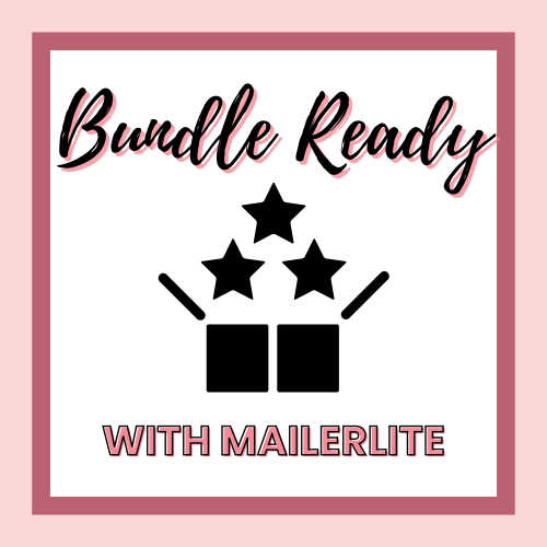 Graphic with the text "Bundle Ready with MailerLite" featuring two boxes and three stars in a pink-bordered square, perfect for hosting a points frenzy.
