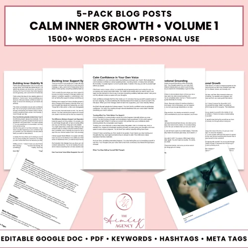A digital product image showing five blog post documents on calm inner growth, with titles visible, plus photos and branding; text highlights product features and usage.