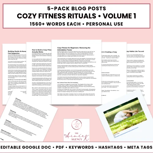 Image displaying "Cozy Fitness Rituals Volume 1" blog post pack, featuring five document previews, a fitness image, and product details for personal use, keywords, hashtags, and meta tags.