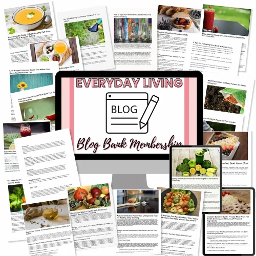 A laptop displaying “Everyday Living Blog Bank Membership” surrounded by printed recipe pages and blog articles featuring various foods, drinks, and kitchen scenes.