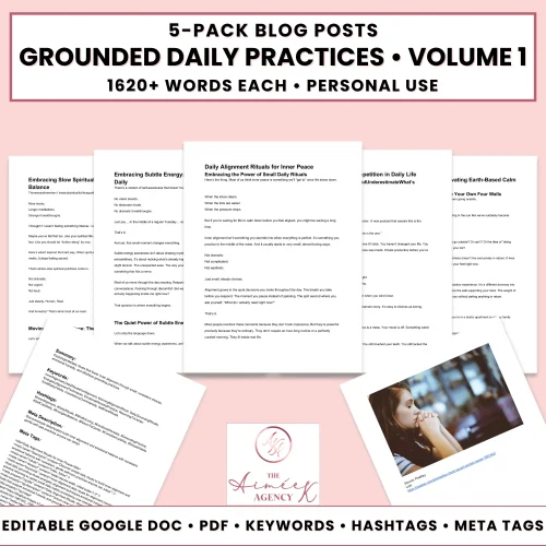 Preview image showing five blog post documents titled "Grounded Daily Practices Volume 1," with text stating 1620+ words each, editable Google Doc, PDF, keywords, hashtags, and meta tags.