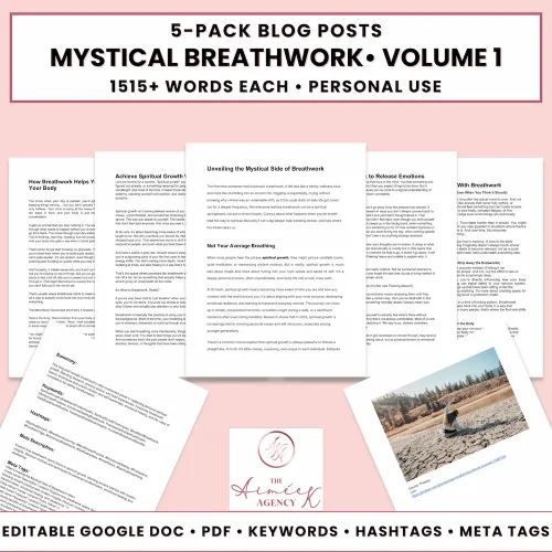 Mystical Breathwork V1 Blog Post Listing Images 2000px 5 blog posts about mystical breathwork are displayed as documents and a photo, advertised as a 5-pack set with keywords, hashtags, and editable formats for personal use.