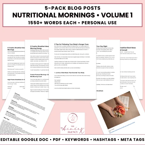 Image shows a promotional graphic for "Nutritional Mornings Volume 1," featuring 5 blog posts, each over 1550 words, with sample blog excerpts and details on editable formats and included features.