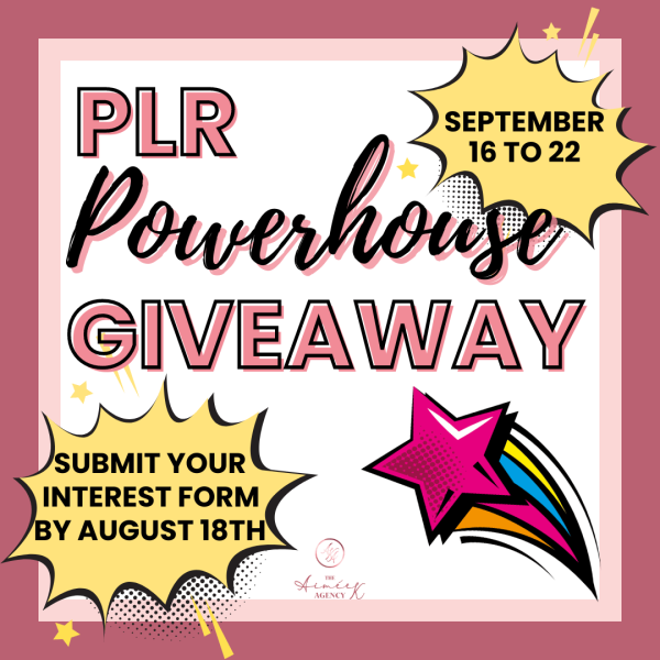 A promotional graphic for the "PLR Powerhouse Giveaway." Event dates are September 16 to 22. It encourages submitting an interest form by August 18th to become a contributor. The design includes stars and bold text. For more contributor info, visit our website!