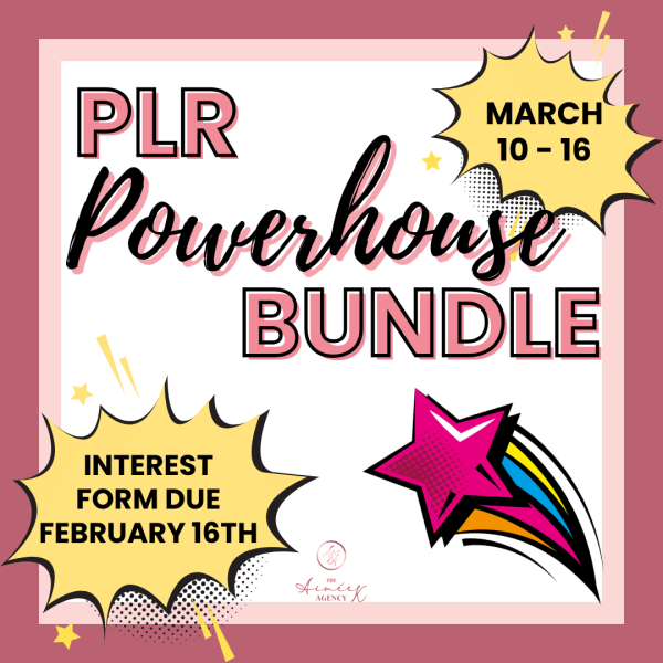 Promotional image for "PLR Powerhouse Bundle" and "Giveaway," with contributor info interest form due February 16th. Event dates: March 10-16. Features colorful stars and text on a pink and white background.