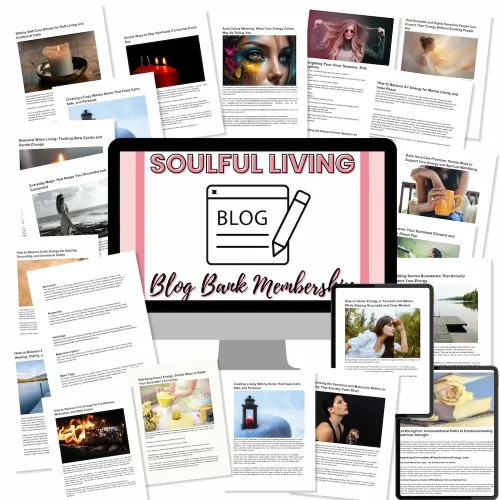 A computer monitor displays "Soulful Living Blog Bank Membership" surrounded by printed blog articles and images related to wellness, self-care, and candles.